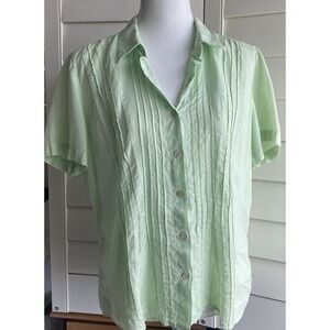 J Jill Vintage Womens Light Green Linen Short Sleeve Pintuck Blouse Size M